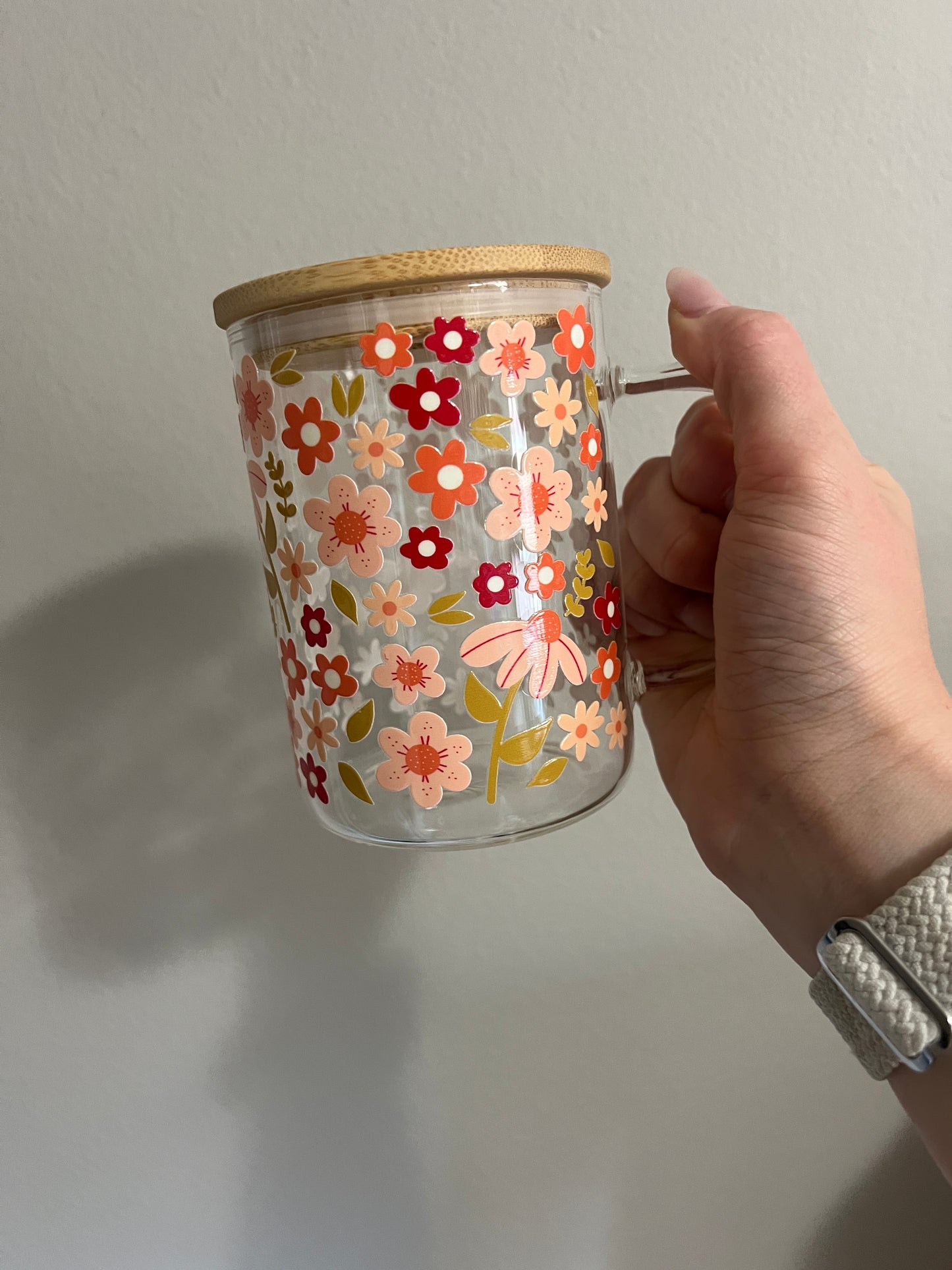 Peach Floral 16oz Handled Glass Cup