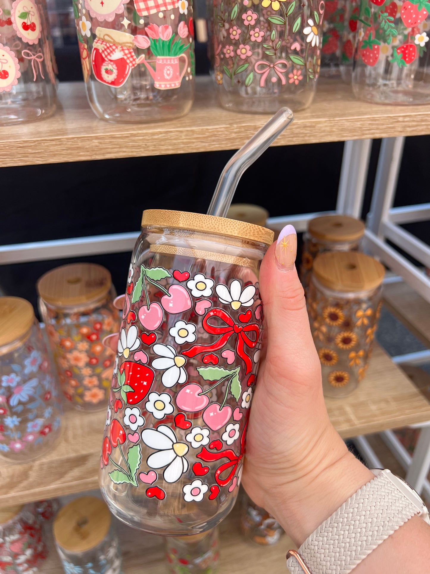 Strawberries and Bows Glass Cup