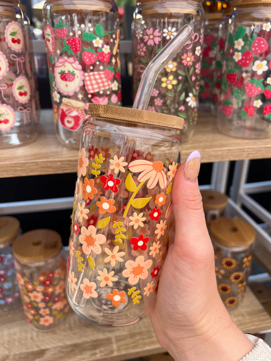 Orange Florals Glass Cup