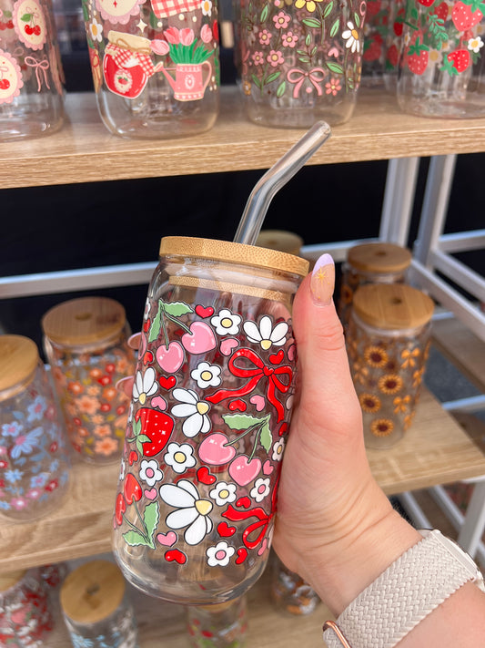 Strawberries and Bows Glass Cup