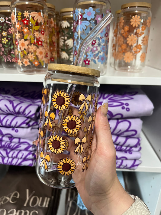 Sunflower and Bows Glass Cup