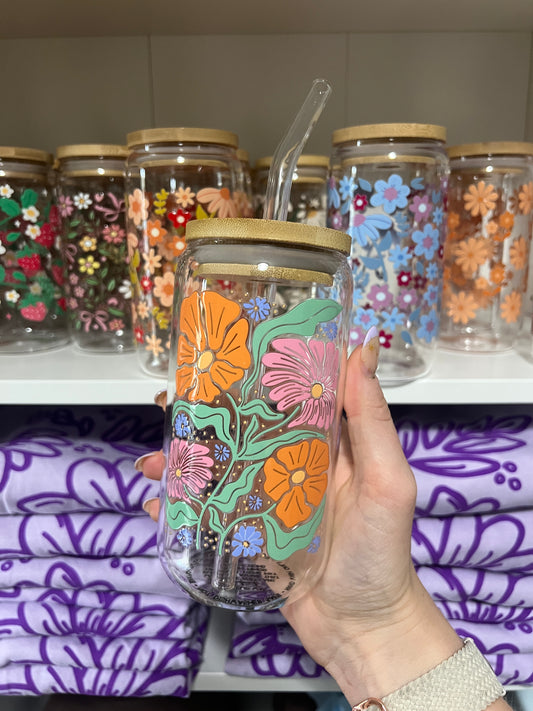 Vibrant Florals 16oz Glass Cup