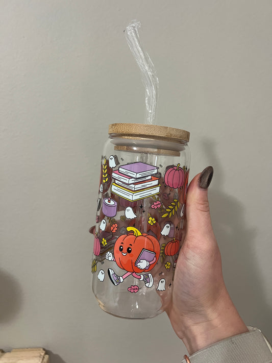 Pumpkin Loving Bookish Girlie Glass Cup