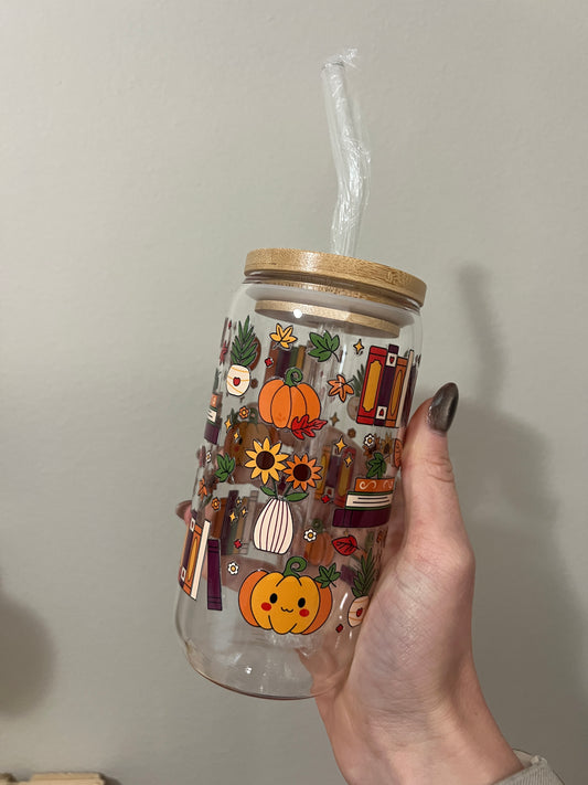 Pumpkin & Books Glass Cup