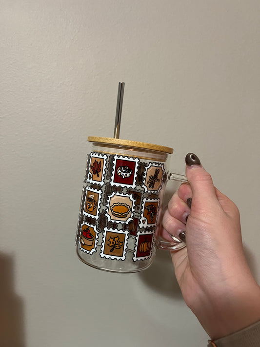 Fall Stamp 16oz Handled Glass Cup