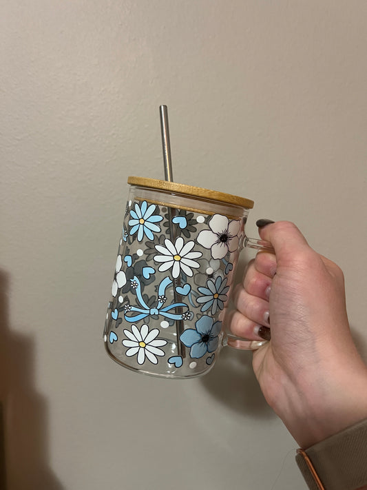 Blues n Bows Handled Glass Cup