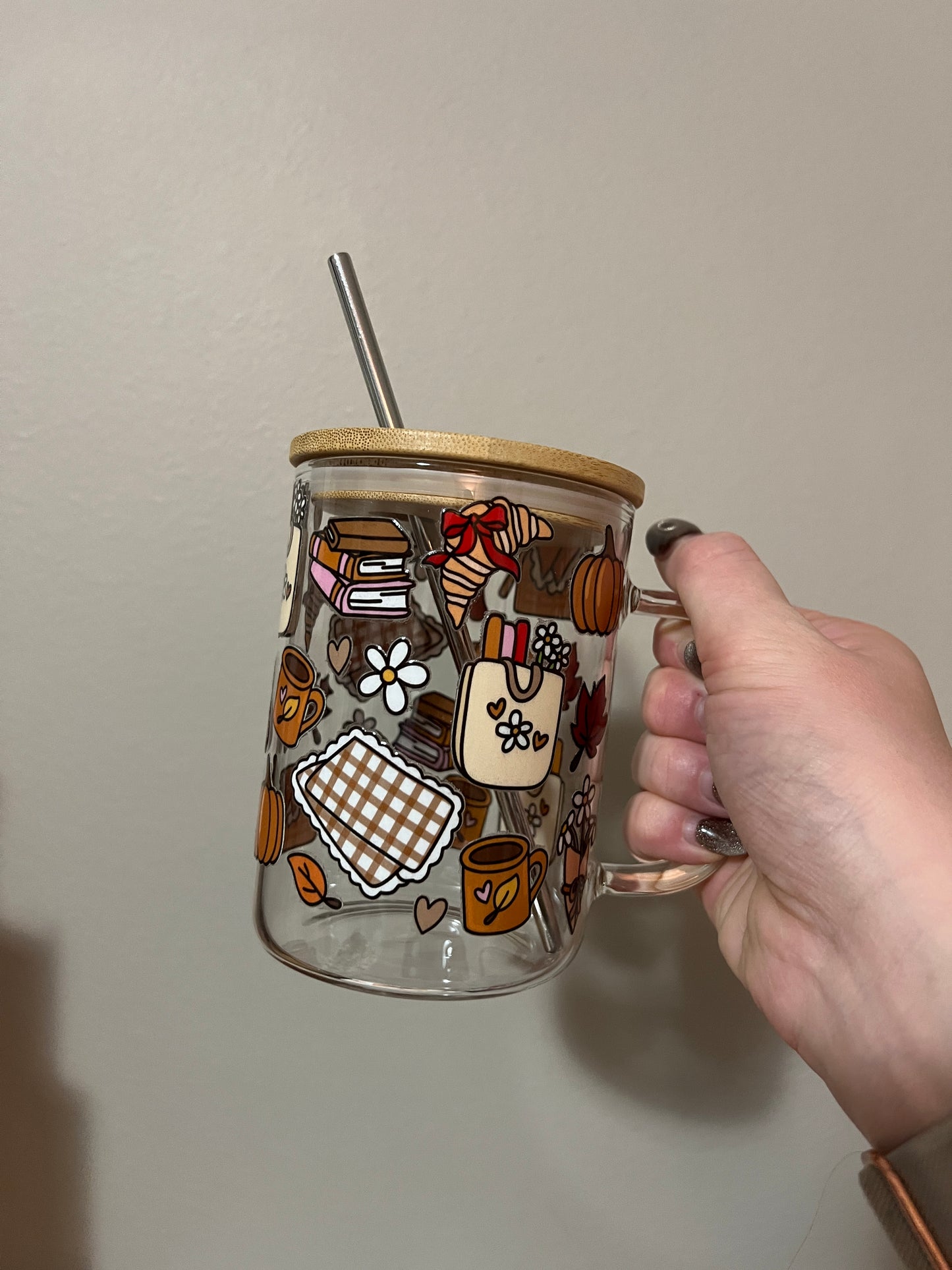 Fall Inspired 16oz Handled Glass Cup