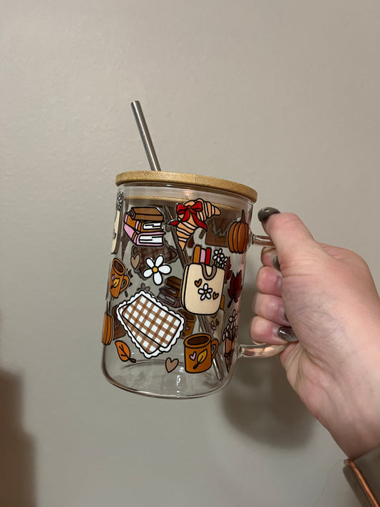 Fall Inspired 16oz Handled Glass Cup